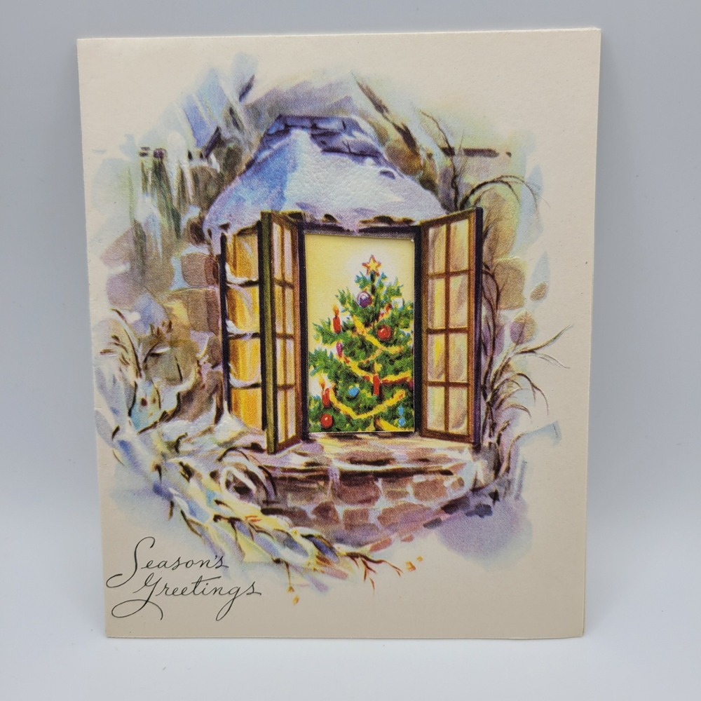 Vintage Christmas Card Season's Greetings Decorated Tree Window Unused
